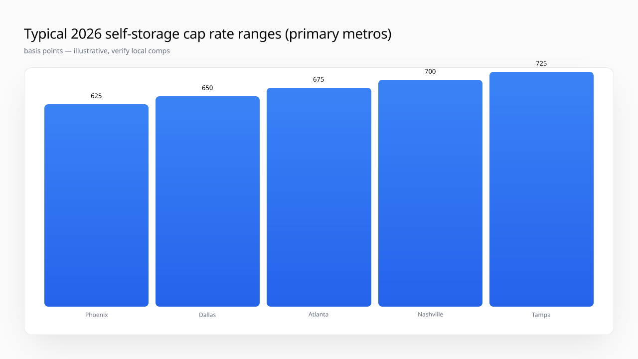 Bar chart: typical 2026 self-storage cap rate ranges by primary metro